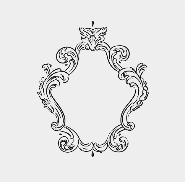 Hand drawn vector abstract outlinegraphicline art vintage baroque ornament floral frame in minimalistic modern stylebaroque floral vintage outline design conceptvector antique frame isolated