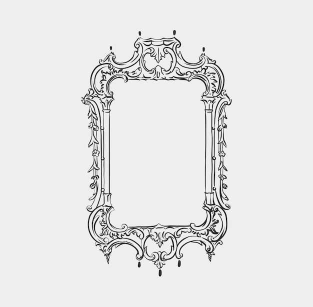 Hand drawn vector abstract outlinegraphicline art vintage baroque ornament floral frame in minimalistic modern styleBaroque floral vintage outline design conceptVector antique frame isolated