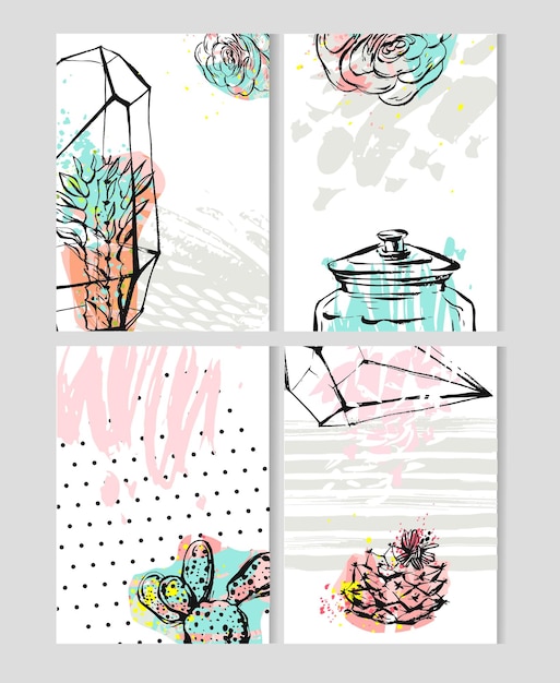 Vettore disegnato a mano vettore astratto save the date collezione di biglietti d'auguri set di modelli con pianta di cactus succulente in terrario e texture a mano libera in color pastello design per il weddingjournaling