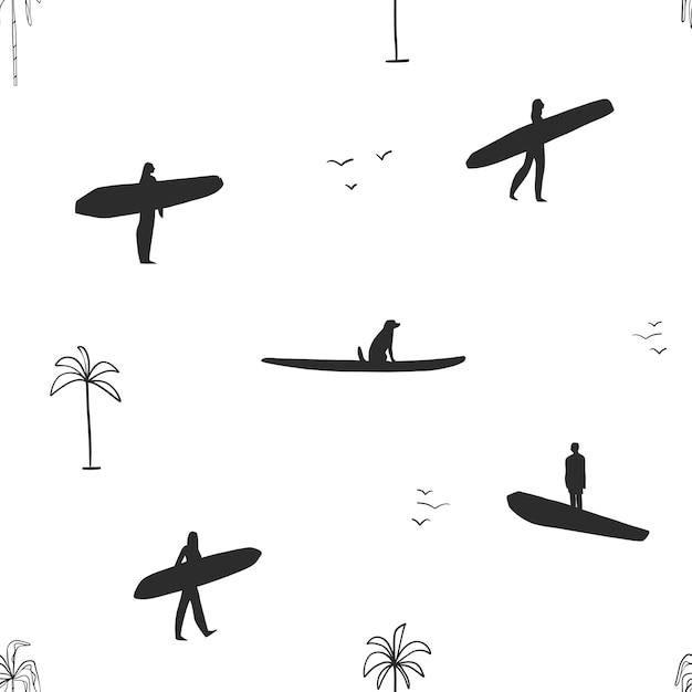 Vector hand drawn vector abstract simple minimalistic graphic drawing tropical surfing seamless pattern