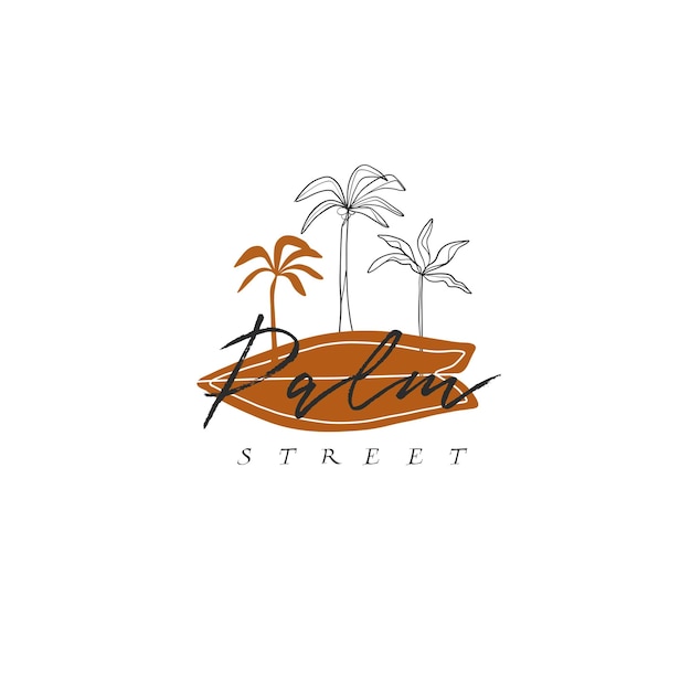 Vettore disegnato a mano astratto semplice line art minimalista disegno grafico icona di surf tropicale collezione di segni isolata summer palm beach concetto di design moderno summer palm beach e logo surf