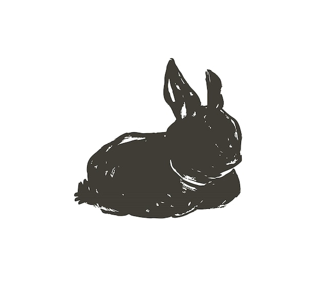 Ручной рисунок векторный абстрактный рисунок графические скандинавские чернила от руки текстурированный черный силуэт счастливой Пасхи милый простой кролик иллюстрации приветствие элемент дизайна изолирован на белом фоне