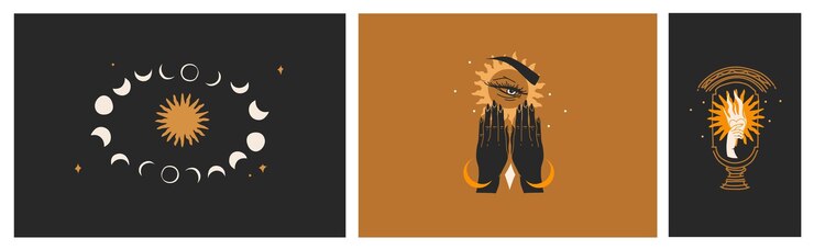 Vector hand drawn vector abstract stock flat graphic illustrations set with logo elementbohemian astrology magic art of galaxy spacecrescent moonstarssun and human silhouettesimple style for branding
