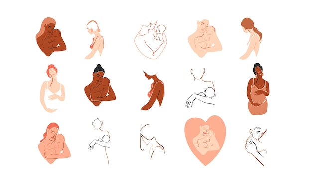 Ручная рисованная векторная абстрактная графическая современная линия коллекция иллюстраций эстетической моды с красивой современной беременной женщиной с новорожденным в простом модном стиле для брендинга
