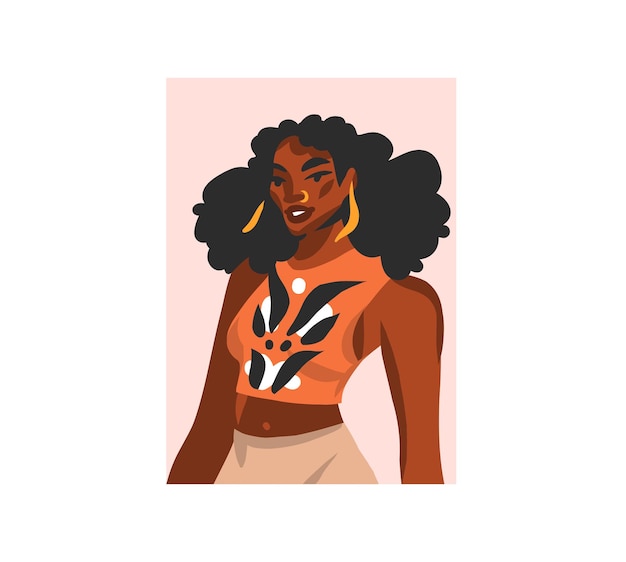 Illustrazione grafica stock astratta vettoriale disegnata a mano con giovane avatar femminile di bellezza afroamericana nero felice isolato su sfondo bianco