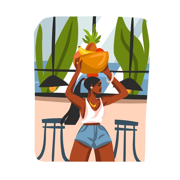 Hand drawn vector abstract stock graphic illustration with young happy black afro american beauty female carries a basket of fruit on his head in urban cafe isolated on white background