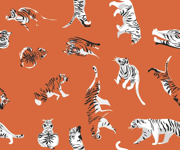 Hand drawn vector abstract stock modern graphic illustrationsbohemian contemporary seamless pattern print with wild cute orange tigers animals moon and starsstriped textureModern exotic concept