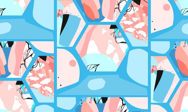 手描きのベクトル芸術的ユニバーサルテクスチャ抽象的なシームレスパターン六角形の形で手作りのテクスチャと青い背景に分離されたパステルカラーの自然モチーフ珍しいトレンド春のデザイン
