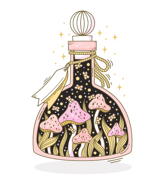 Hand drawn vector bottle with magic mushrooms