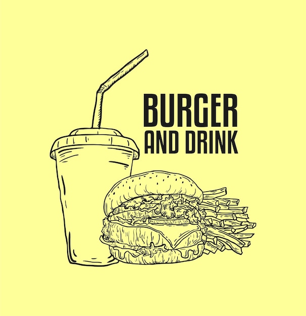 Vettore hamburger di vettore disegnato a mano e bevanda isolata su uno sfondo giallo