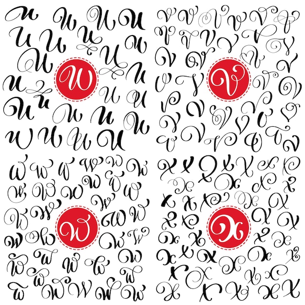 Hand drawn vector calligraphy letter U V W X Script font letters written ink Handwritten brush