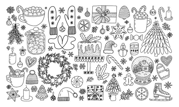 Vector hand drawn vector christmas elements set big christmas stickers in doodle style set gift boxes gingerbread cookies snowflakes and winter desserts