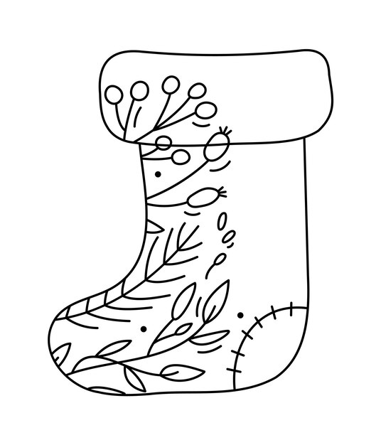 Hand drawn vector Christmas line sock with line berries branches texture Xmas advent icon