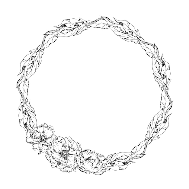 Hand drawn vector circle frame wreath arrangement with peony flowers buds and leaves Isolated on white background Design for invitations wedding or greeting cards wallpaper print textile