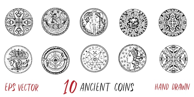 Hand drawn vector collection of ancient coins old money concept