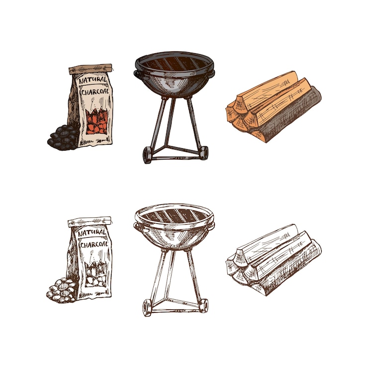 Vector hand drawn vector colored and monochrome sketch of barbecue grill charcoal and firewood