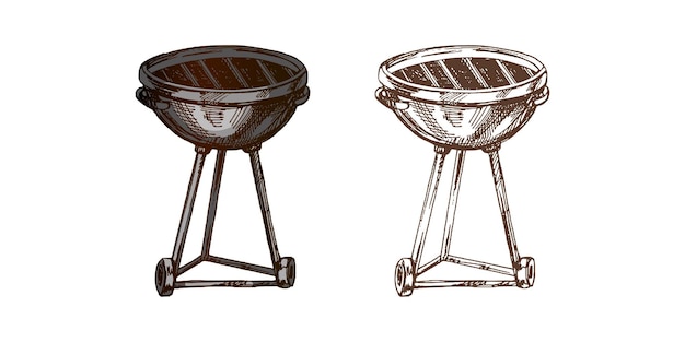 Hand drawn vector colored and monochrome sketch of Barbecue grill and firewood on white background