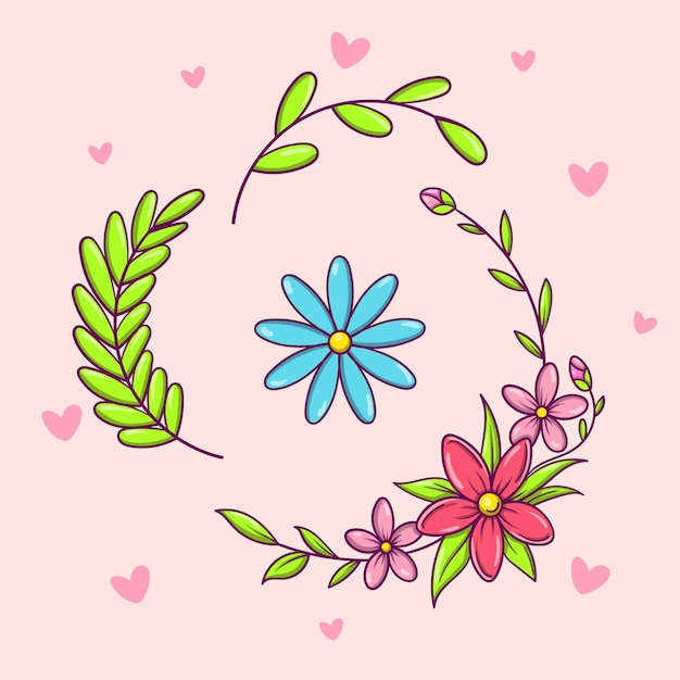 Hand drawn vector colorful floral set for creation wreath compositions