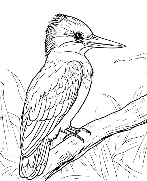 Hand drawn vector coloring page of kingfisher humming bird