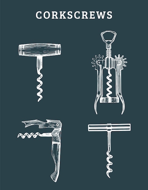 Hand drawn vector corkscrews set Retro illustrations collection of different spins in sketch style