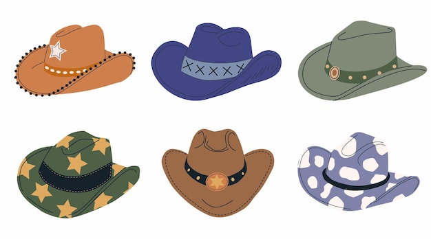 Cappelli da cowboy vettoriali disegnati a mano tema cowboy western e wild west