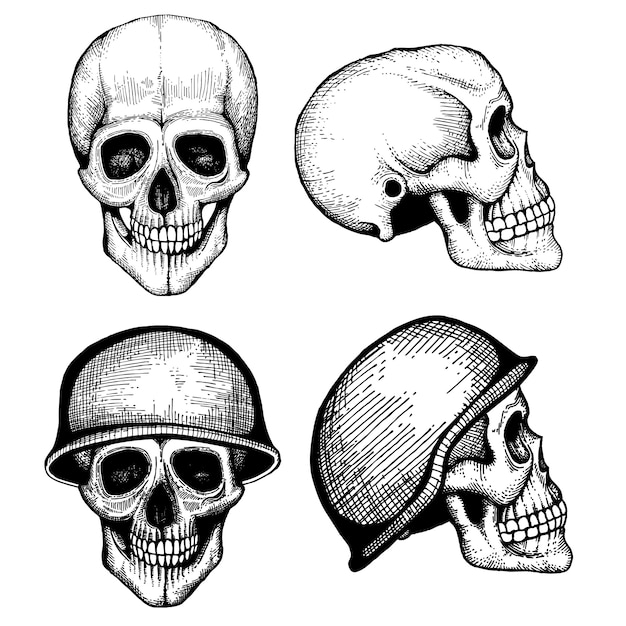 Hand drawn vector death scary human skulls