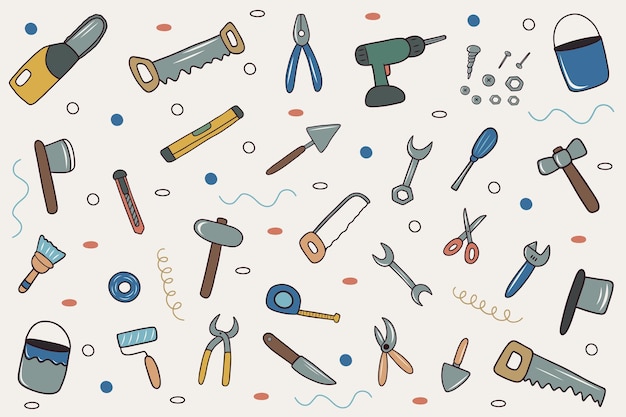Insieme di strumenti variopinti di doodle di vettore disegnato a mano. include strumenti per la riparazione di casa e giardino.