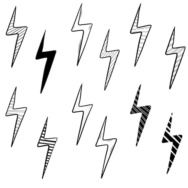 Hand drawn vector doodle electric lightning bolt symbol sketch illustrations