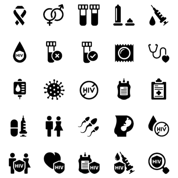 Hand drawn vector drawing AIDSHIV icon set Black and White sketch transparent background