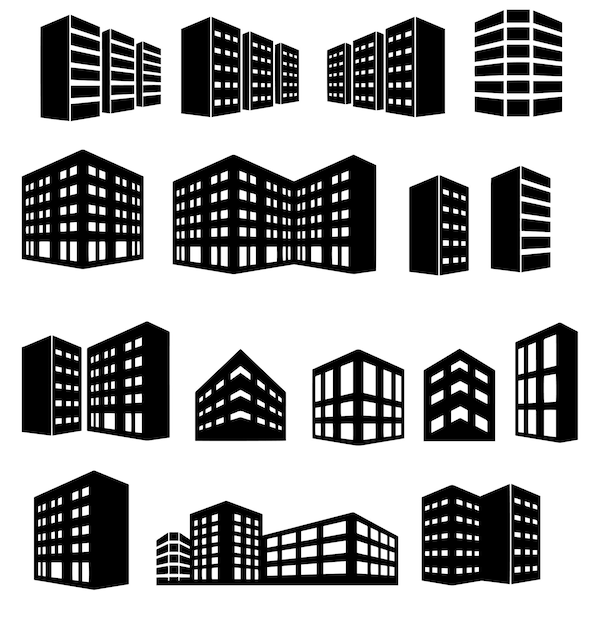 Hand drawn vector drawing Buildings icon set Black and White sketch transparent background