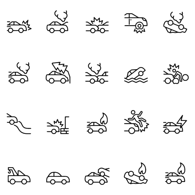 Hand drawn vector drawing Car accident icon set Black and White sketch transparent background