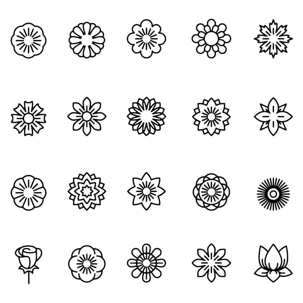 Hand drawn vector drawing Flower icon set Black and White sketch transparent background