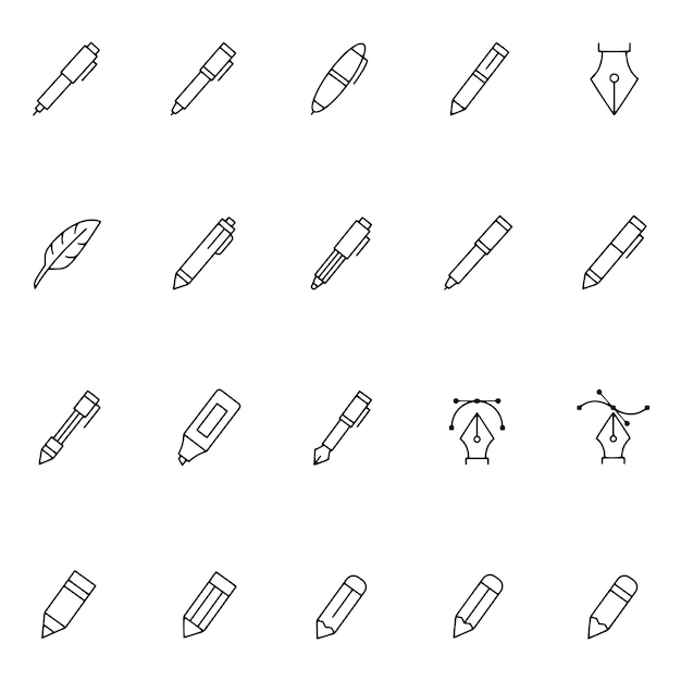 Hand drawn vector drawing pen icon set black and white sketch transparent background