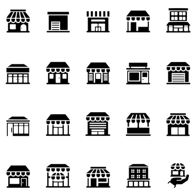 Hand drawn vector drawing Shop building icon set Black and White sketch transparent background