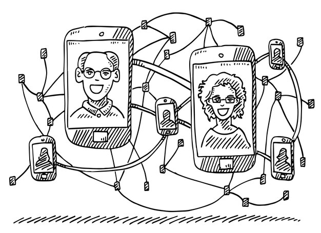 Hand-drawn vector drawing of a social network smartphone concept. black-and-white sketch on a transp