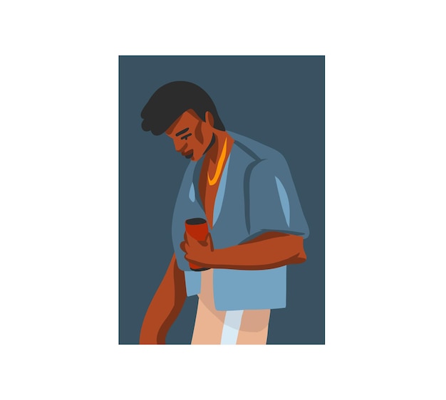 흰색 배경에 격리된 소셜 미디어를 위한 아프리카계 미국인 아름다운 현대 남성 캐릭터 아바타와 함께 손으로 그린 벡터 플랫 추상 스톡 그래픽 일러스트레이션.