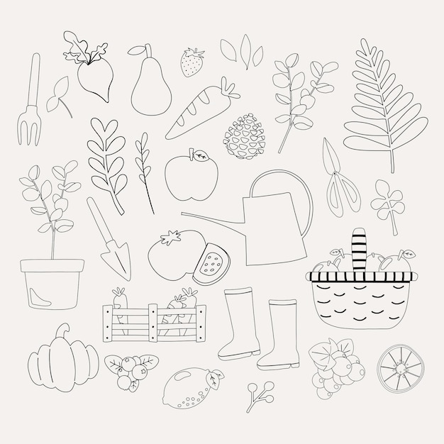 Vector hand drawn vector flat illustration of monochrome black and white line gardening doodle spring