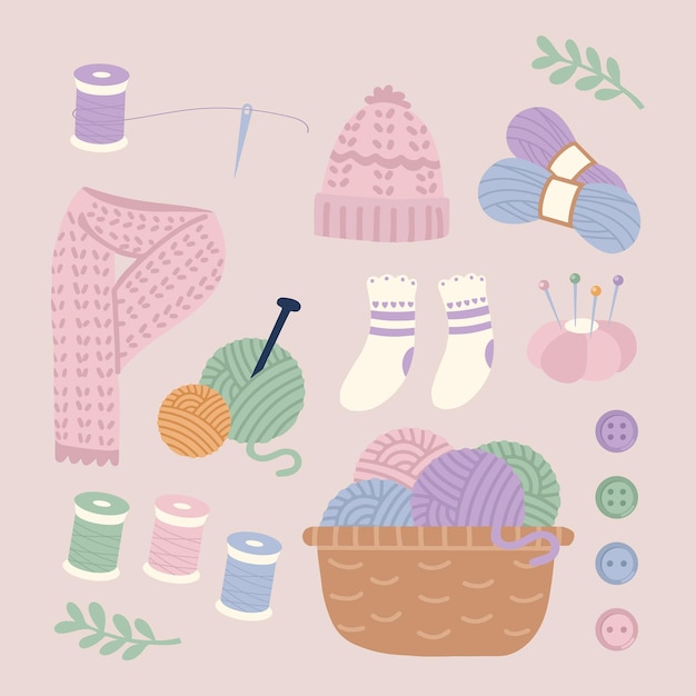 Vector hand drawn vector flat illustration set of knitting elements in pastel yarn wool button thread