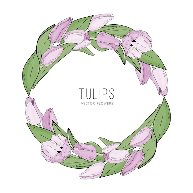 Hand drawn vector floral frame with pink flowers tulips branch and leaves Elegant logo template