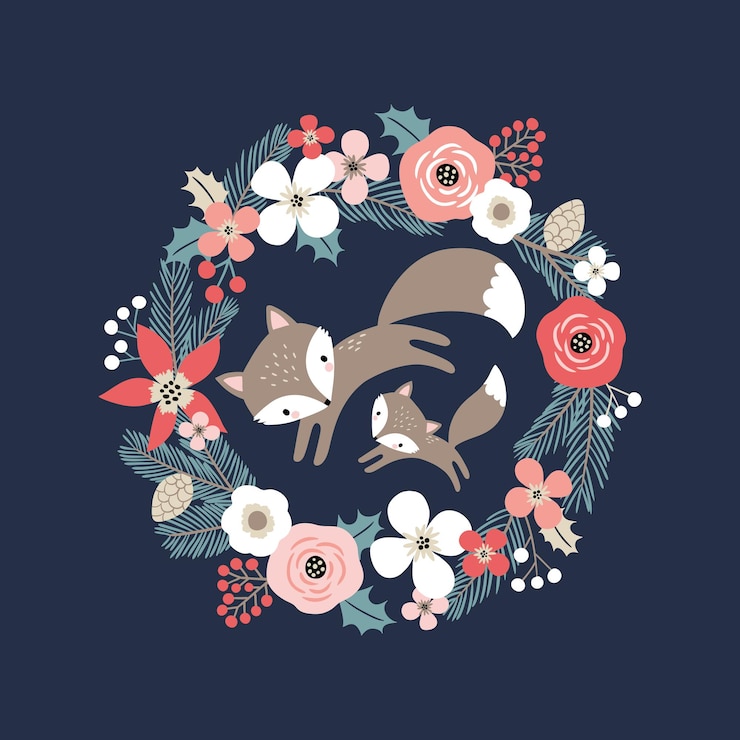 Vector hand drawn vector foxes in floral wreath for tee shirt logo, greeting card or poster design