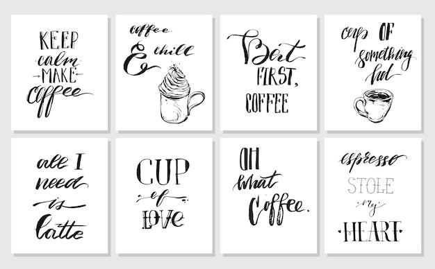 Hand drawn vector graphic ink posters or cards collection set with coffee handwritten modern calligraphy quotes isolated on white background.design decoration for sho,stamp,logo,branding.