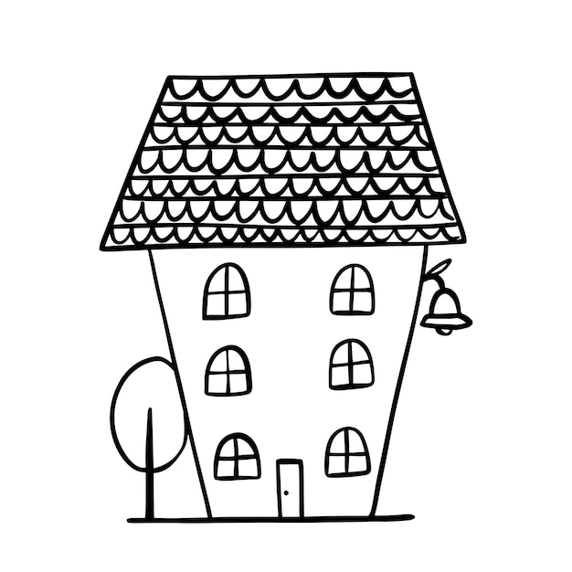 Hand drawn vector house with lantern Cute building isolated on white Doodle illustration