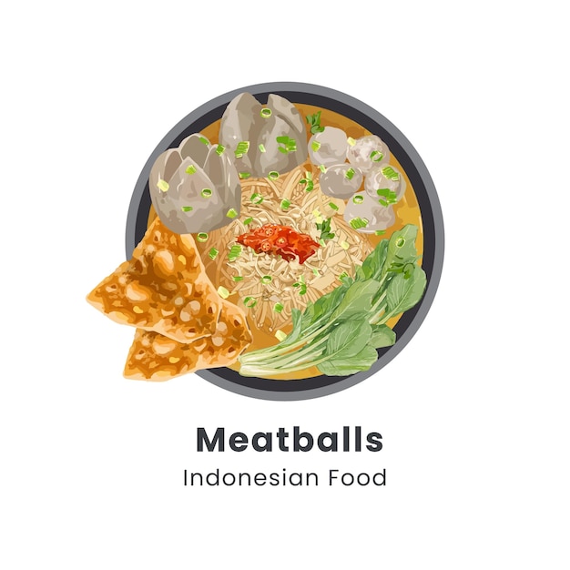 Vector hand drawn vector illustration of bakso or meatball indonesian food