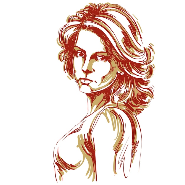 Illustrazione vettoriale disegnata a mano di bella donna sicura di sé. immagine creativa, espressioni sul volto di giovane donna, tipo caucasico.