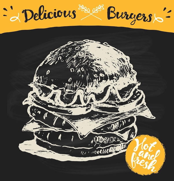 hand drawn vector illustration of a big burger on blackboard with label, hot and fresh, sketch