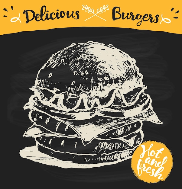 Vector hand drawn vector illustration of a big burger on blackboard with label, hot and fresh, sketch