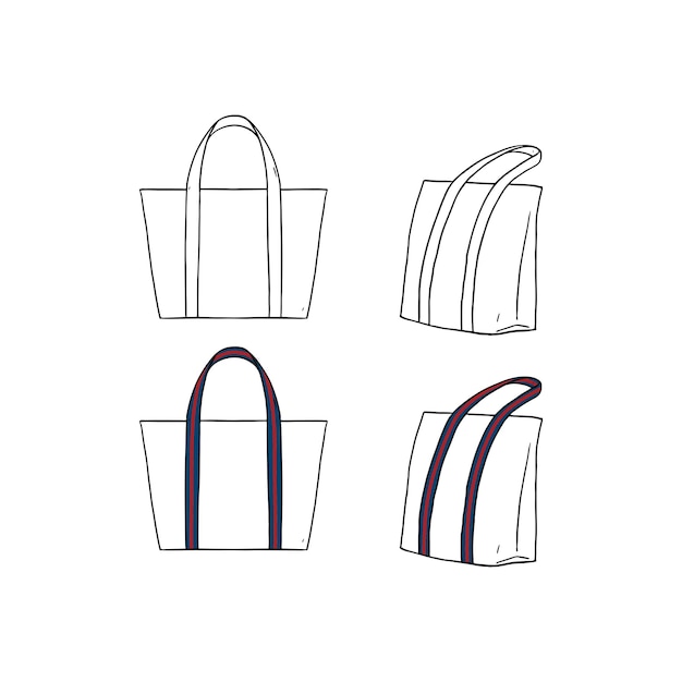 Vector hand drawn vector illustration of blank white with stripe straps tote bag on white background