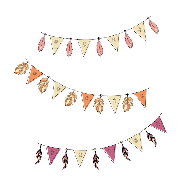 Vector hand drawn vector illustration bohemian tribal colorful set of feathers in the form of birthday flags