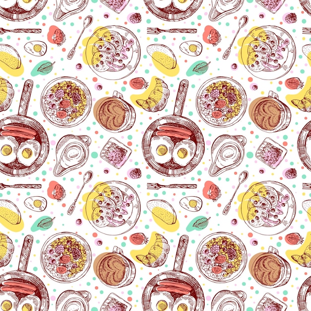 Hand drawn vector illustration breakfast is a great start of the day vintage sketch style seamless pattern