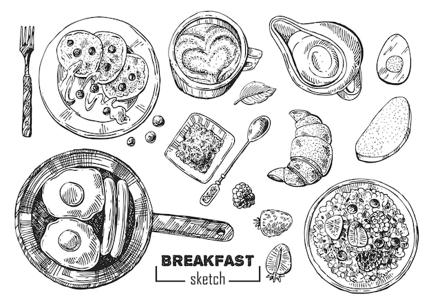 Vector hand drawn vector illustration breakfast is a great start of the day vintage sketch style